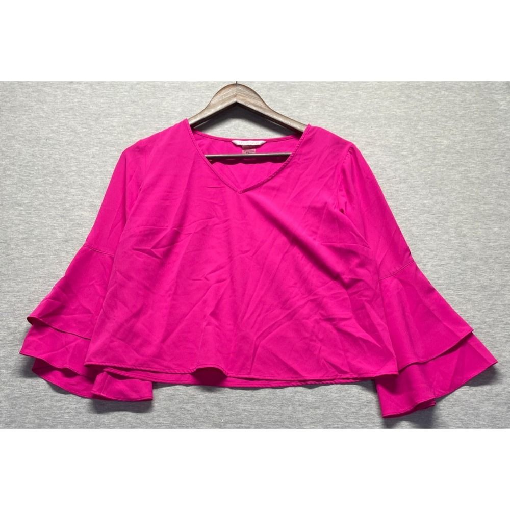 Nygard Crop Blouse Top Womens Petite Small Hot Pink V Neck Layered Bell Sleeve